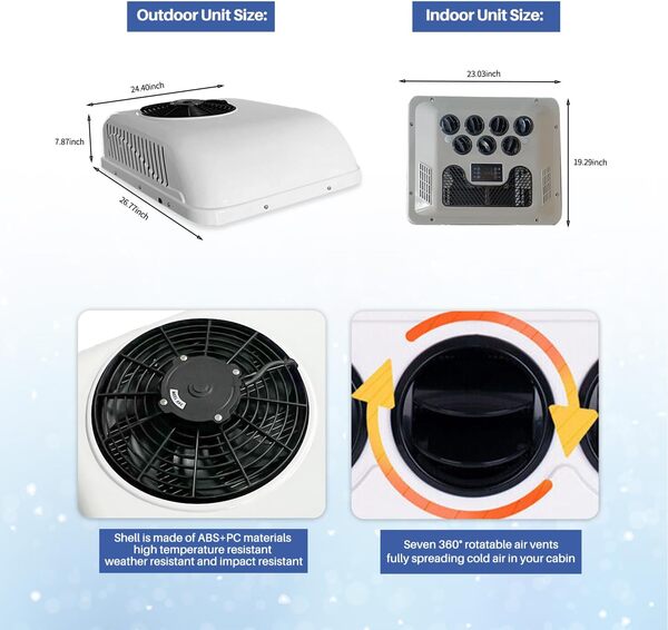 Aspligo Climatiseur électrique 12 V CC 8800BTU pour toit de véhicule récréatif - 12 V CA - Convient pour camion, camping-car, remorque, compresseur électrique à défilement - Économie de carburant -
