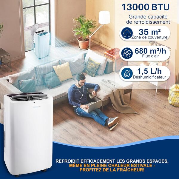 SereneLife Climatiseur Mobile,13K BTU,Climatiseur Portable 3-en-1 avec Fonction Déshumidificateur Intégrée, Mode Ventilateur, Télécommande,Kit d'Évacuation Complet pour Fenêtre, Blanc