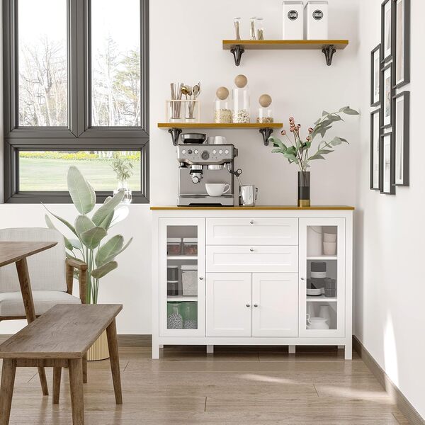 HOMCOM Buffet Salle à Manger avec 2 Portes Vitrées 120 x 40 x 90 cm Étagères Réglables 2 Tiroirs 1 Placard Bois Naturel et Blanc