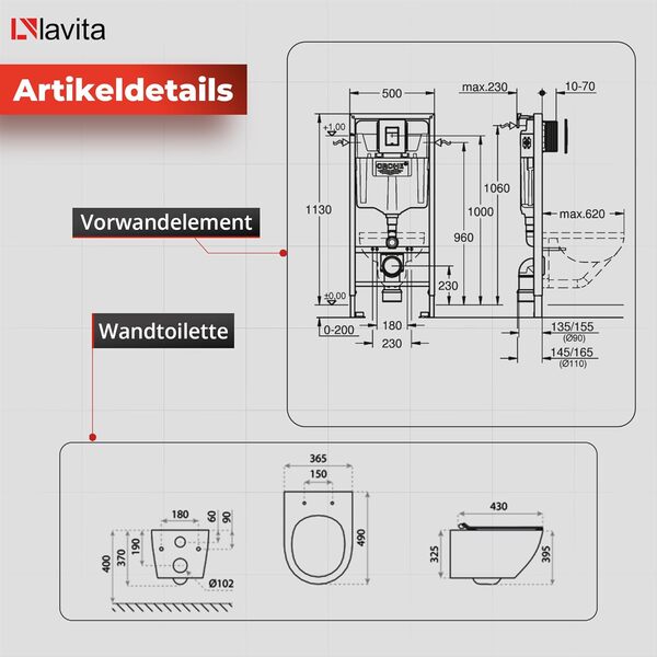 Grohe Rapid SL รlรฉment mural de WC avec plaque de dรฉclenchement + WC mural Lavita sans systรจme de chasse dโeau + abattant WC avec systรจme d'abaissement automatique Soft-Close