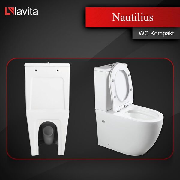 LAVITA NAUTILIUS WHITE WC monobloc avec réservoir de chasse intégré | Couvercle de WC avec système d'abaissement automatique | WC en céramique sans bord | Cuvette de toilette debout + raccord WC