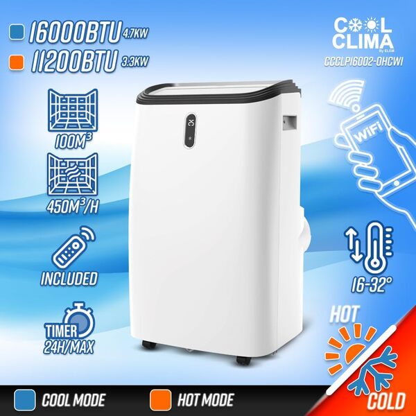 Climatiseur mobile réversible chaud/froid 16000BTU 4.7KW avec fonction Wifi et télécommande - Cool Clima [Classe énergétique A]