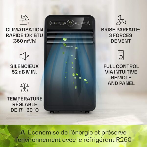Klarstein Climatiseur Mobile Silencieux, Smart Climatiseur 4 en 1, Mode Nuit, Déshumidificateur, Ventilateur, Mini Climatisation à Faible Conso, Evacuation, Clim Portable, 12000 BTU, Climatiseurs [Classe énergétique A]