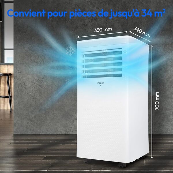 MEDION Smart Climatiseur Mobile P1002 (10000 BTU, 3-en-1, Refroidir, Déshumidification, Ventilation, jusqu'à 34m², kit de joint de fenêtre, mode sommeil, contrôle Wifi, Télécommande, Écran, MD 37733) [Classe énergétique A]