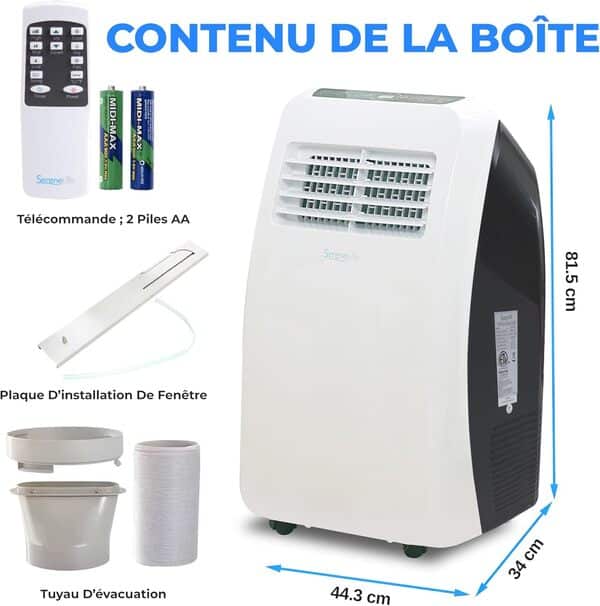 SereneLife Climatiseur Mobile Silencieux,7K BTU, Climatiseur Portable 3-en-1 avec Fonction Déshumidificateur Intégrée, Mode Ventilateur, Télécommande, Kit d'Évacuation Complet pour Fenêtre,Blanc [Classe énergétique A]