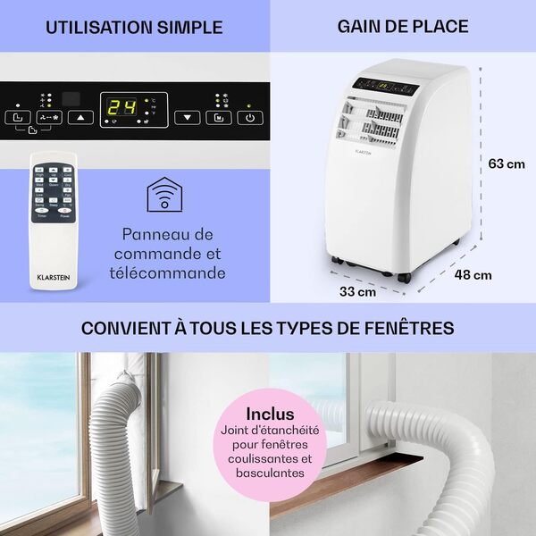 Klarstein Climatiseur Mobile Silencieux, 4 en 1, Mode Nuit, Déshumidificateur, Ventilateur, Mini Climatisation à Faible Conso, Evacuation, Clim Portable, Puissante, 10000 BTU [Classe énergétique A+]