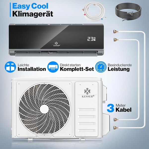 KESSER® Climatisation SET réversible - Climatiseur avec fonction WiFi/Application - Refroidissement A++/ Chauffage A+, Fluide réfrigérant R32 - Écran LCD, Split 12000 BTU/h / 3400 Watt - Anthrazit [Classe énergétique A++]