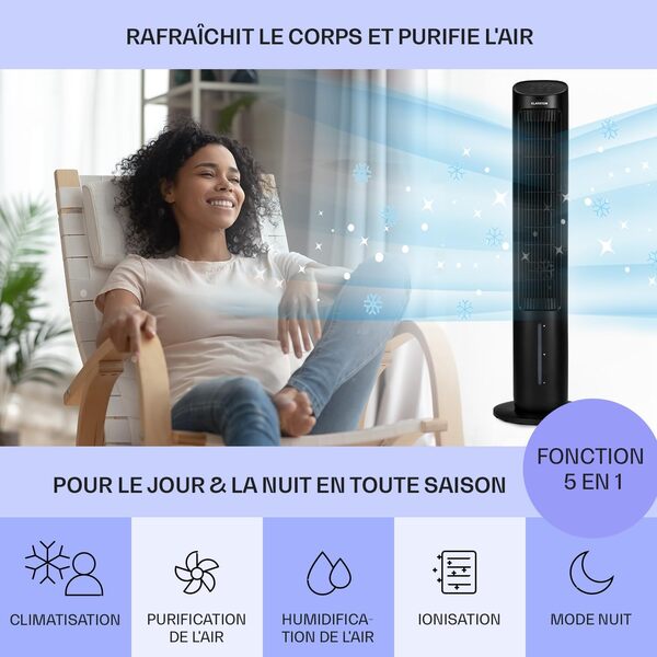 Klarstein Rafraichisseur d'Air Mobile 5-en-1, Ioniseur, Refroidisseur d'Air par Evaporation, Silencieux avec Mode Nuit, Humidificateur, Ventilateur, Purificateur, 50W, Débit d'air de 360m³/h
