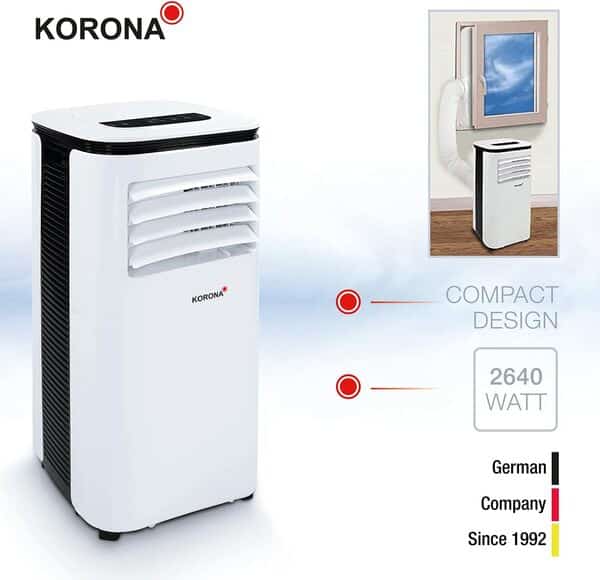 Korona 82001 Climatiseur mobile Iceberg 9.0 ECO | 9000 BTU/h | Monobloc 3en1 - Refroidisseur, déshumidificateur, ventilateur | Avec tuyau d'évacuation d'air pour la fenêtre | Pièces jusqu'à 34 m² [Classe énergétique A]