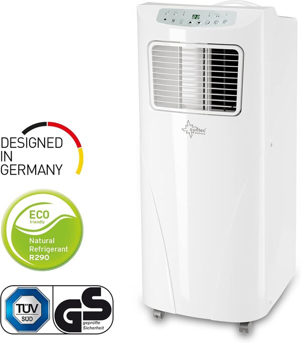 SUNTEC Climatiseur mobile Fresh 9.000 Eco R290 | Climatiseur pour pièces de 34 m2 max. | Tuyau d'évacuation d'air | Refroidisseur et déshumidificateur avec réfrigérant écologique | 9 000 BTU/h [Classe énergétique A]
