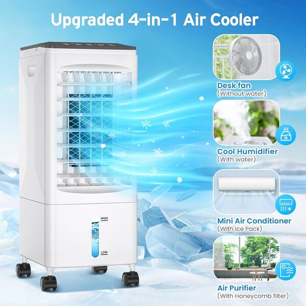 Climatiseur Mobile Portable Silencieux 5.5L Rafraîchisseur d'Air, 60W, Sans Evacuation, 3 Vitesses, 7H Minuteries, 60°/120° Oscillation, Télécommande, 3 Blocs Réfrigérants pour Chambre [Classe énergétique A++]