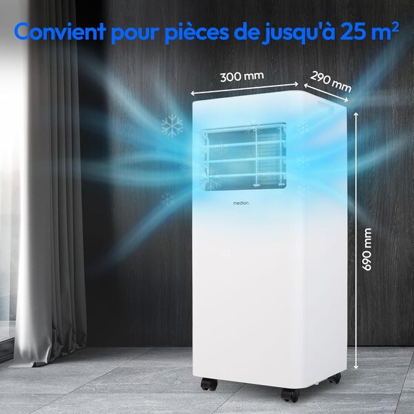 MEDION Climatiseur Mobile E701 (7000 BTU, 3-en-1, Refroidir, Déshumidification, Ventilation, jusqu'à 25m², kit de joint de fenêtre, mode sommeil, contrôle Télécommande, Écran, MD 37730) [Classe énergétique A]