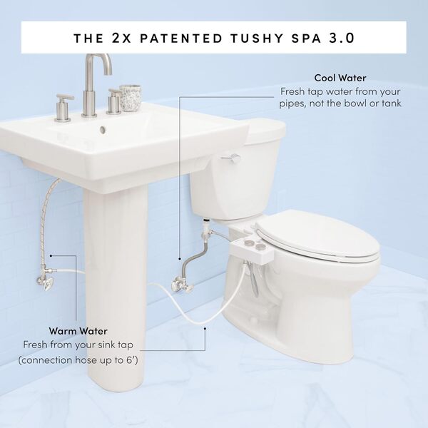 TUSHY Classic Siège de toilette 3.0 pour bidet spa (pulvérisateur d'eau autonettoyant + buse pression réglable, contrôle d'angle, installation facile), option température l'eau froide à chaude