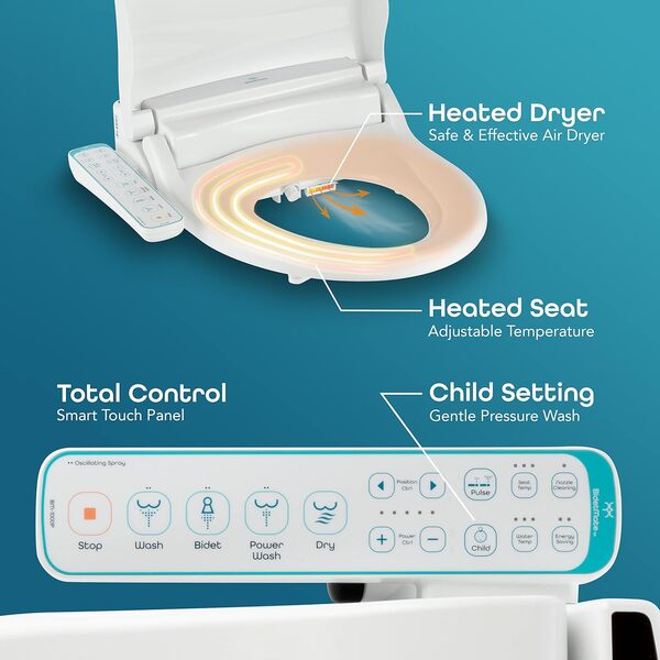 BidetMate Bidet électrique série 1000 avec sèche-linge, siège de toilette intelligent chauffant avec eau chauffée et panneau de commande latéral – Appareil intelligent réglable et autonettoyant –