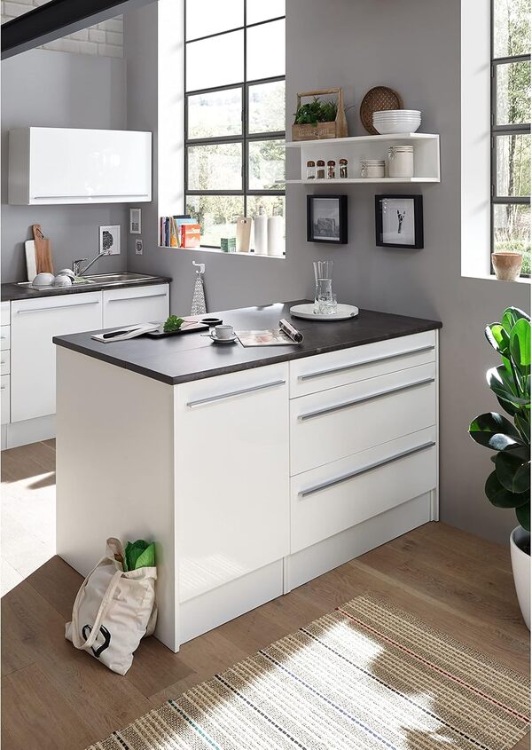 Stella Trading JAZZ Ilot de cuisine moderne avec plan de travail indépendant en blanc brillant, gris pierre - Armoire de cuisine spacieuse - 145 x 90 x 90 cm (L/H/P)