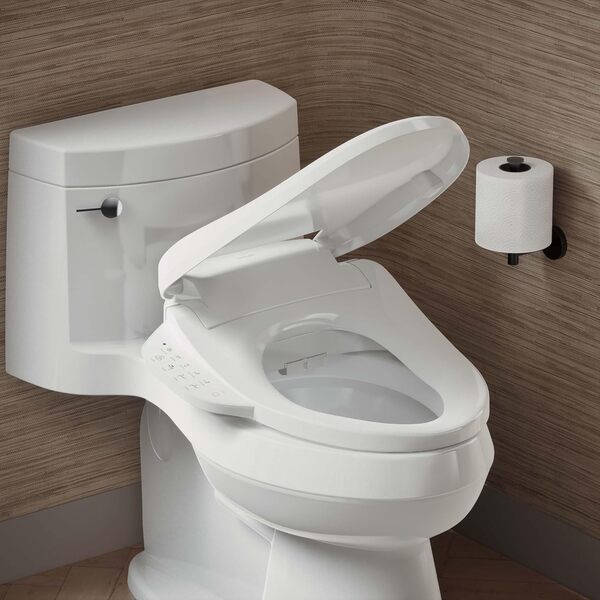 KOHLER PureWash 8298-0 Siège de toilette allongé pour bidet E590, bidet chauffant, pour toilettes existantes, veilleuse, buse autonettoyante, blanc