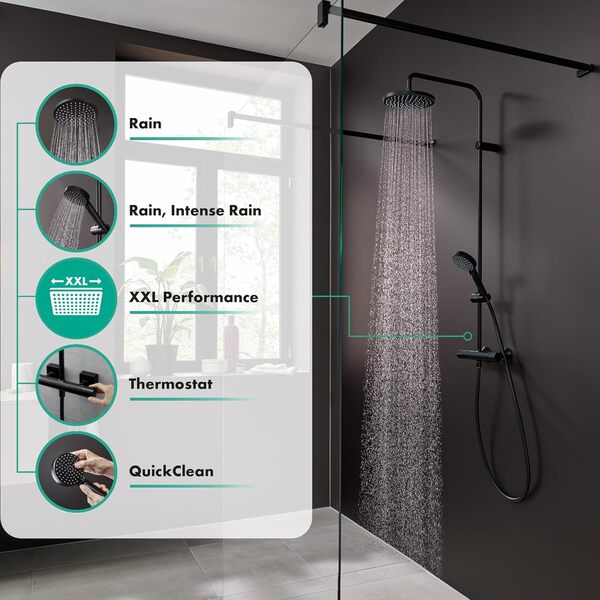 hansgrohe Vernis Blend - Colonne de douche avec mitigeur thermostatique, douche pluie 240 mm avec robinet, douchette, support, flexible de douche, barre et douche de tรชte ronde, Noir mat, 26276670
