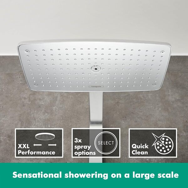 hansgrohe Raindance E - Colonne de douche avec mitigeur thermostatique, douche pluie (360 x 190mm) avec robinet, douchette, support, flexible de douche, barre et douche de tête carrée, Chromé,27112000