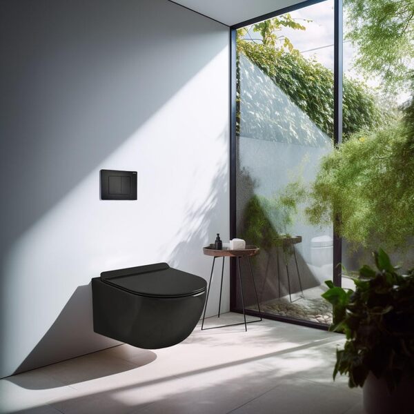 Coribi Pack Complet WC Sans Bride + Cuvette Suspendu Sans Bride + Plaque DESIGN - Toilette Design Moderne - Cuvette Céramique (Bâti initio sur mur porteur, Plaque noir mat soft touch)