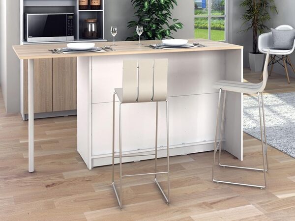 Vente-unique - Ilot Central de Cuisine avec 2 Portes, 1 tiroir et 2 niches - Blanc et Naturel - TUNORI