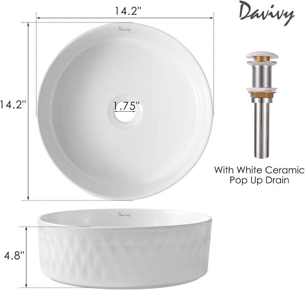 Davivy Évier de salle de bain rond 36,6 x 36,6 cm au-dessus du comptoir, éviers de salle de bain, lavabo en céramique, lavabo de salle de bain