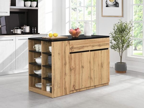 Vente-unique - Ilot Central de Cuisine avec rangements - Noir et Naturel - Meili