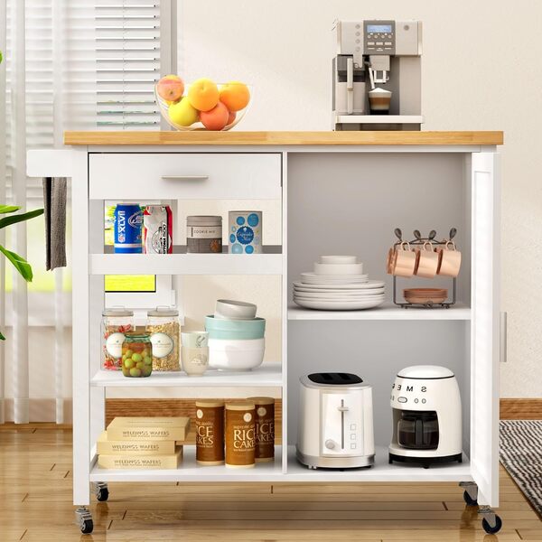 SogesGame Îlot de cuisine avec rangement, chariot roulant sur roulettes avec tiroir, îlot de cuisine mobile avec armoire de rangement à 1 porte et étagères à 3 niveaux pour salon, étagère à vin,