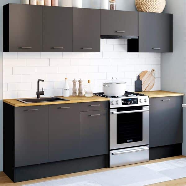 IDMarket - Cuisine complète 240 cm Subtil avec Plan de Travail 7 éléments Noir et Plateaux Bois