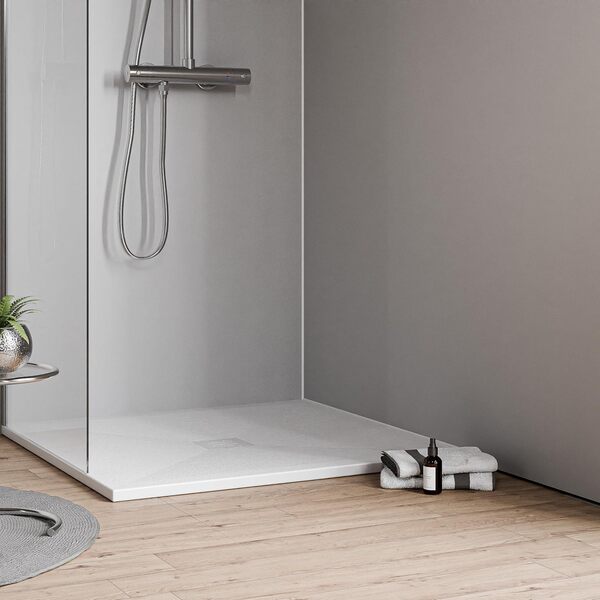 BERNSTEIN - Receveur de douche Carré 100x100x2,4cm Blanc Mat Bac douche Plat Fonte Minérale Effet Pierre + Bonde, Siphon, Pente & Couvercle, Résistant & Durable - VIREO