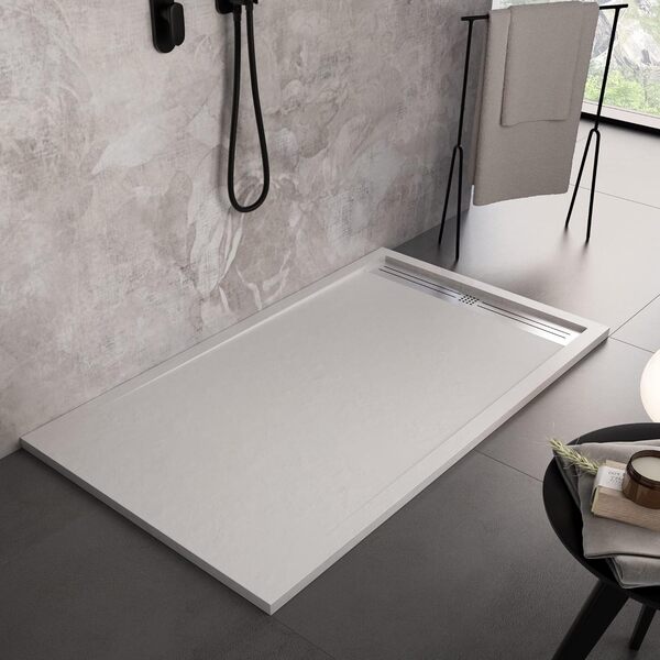 Receveur de douche en rรฉsine de marbre effet pierre ciment Blanc RELAX - 90 x 110