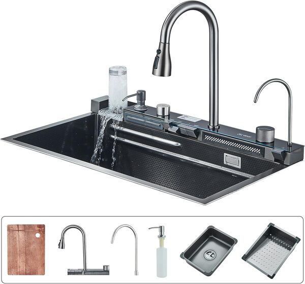 JUNSOTTOR Évier de cuisine en acier inoxydable Évier de cuisine à cascade Évier multifonctionnel à affichage numérique avec nouveau robinet à double mode et accessoires multiples