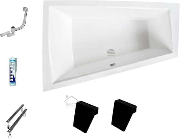 ECOLAM Baignoire trapรฉzoรฏdale pour deux Intima Duo Slim 180x125 cm gauche + 2x appuie-tรชte noir confortables. Vidange automatique Alcaplast + Pieds et silicone. Baignoire idรฉale pour deux personnes