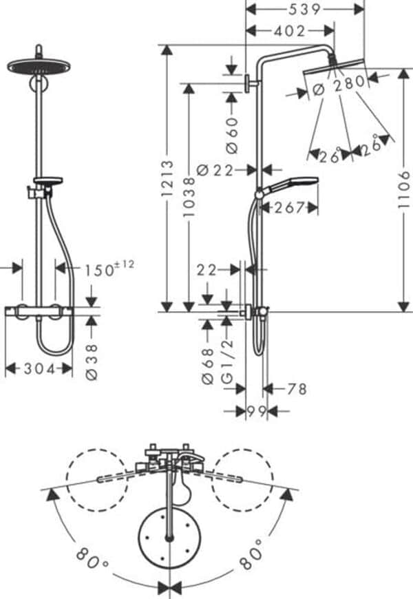 hansgrohe Croma Select S - Colonne de douche économie d'eau (EcoSmart) avec mitigeur thermostatique, douchette, support, tuyau, barre et tête de douche 1 jet, Aspect doré poli, 26891990