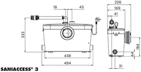 SFA - Saniaccess 3 - Broyeur WC Et Salle d'Eau - Evacuation Eaux Usées - 4 Entrées WC, Lave-main, Douche, Bidet - Puissant, Silencieux - Entretien Simple - 49 x 22,7 x 33,2 cm - 400 W - Made In France