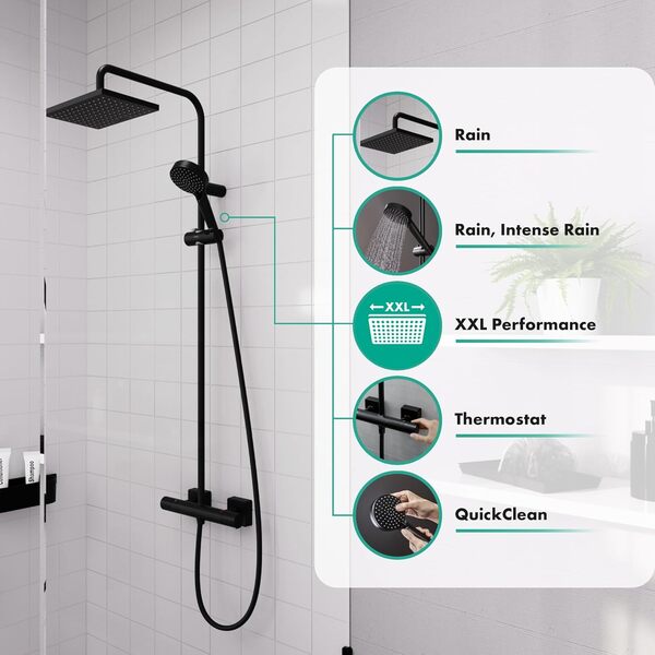 hansgrohe Vernis Shape - Colonne de douche avec mitigeur thermostatique, douche pluie avec robinet, douchette, support, flexible de douche, barre et douche de tรชte carrรฉe 1 jet, Noir mat, 26286670