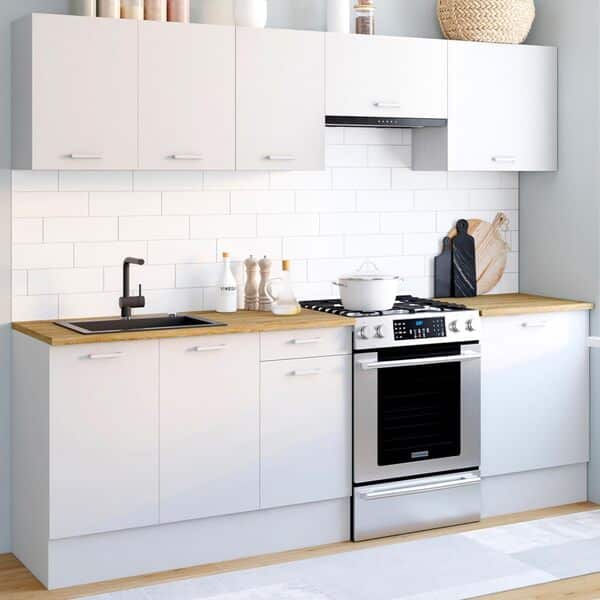 IDMarket - Cuisine complète 240 cm Subtil avec Plan de Travail 7 éléments Blanc et Plateaux Bois