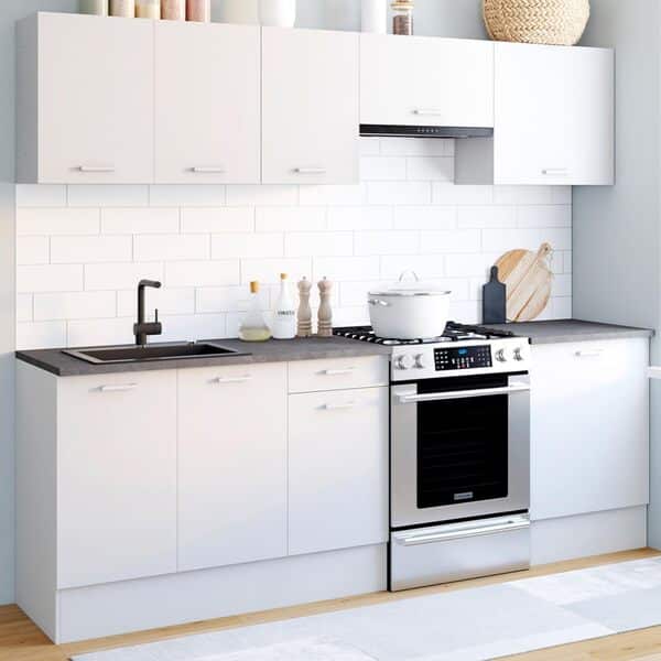 IDMarket - Cuisine complète 240 cm Subtil avec Plan de Travail 7 éléments Blanc et Plateaux Effet béton