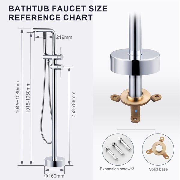 ARCORA Robinet de baignoire sur pied : robinet de baignoire en cuivre et acier inoxydable, pivotant à 360°, montage au sol avec douchette (chromé)