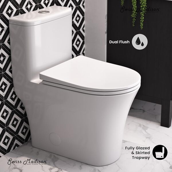 Swiss Madison Cascade WC monobloc moderne pour salle de bain, toilettes ADA, double chasse d'eau allongée 1,1/1,6 gpf, blanc brillant