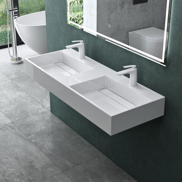 Mai & Mai Double Lavabo Suspendu Blanc 120cm Vasque à Poser Pour 2 Evier Lave Mains Salle de Bain sans Trop-plein Col12-1200-2