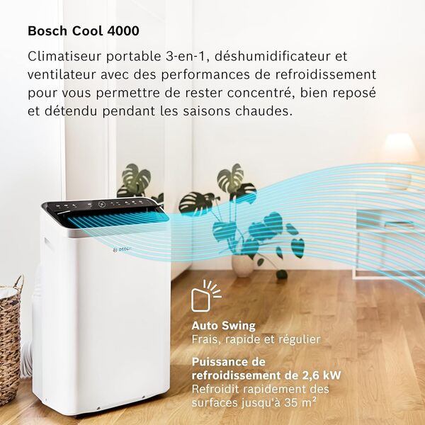 Bosch Cool 4000 Portable AC - 3 en 1 Climatiseur, Déshumidificateur, Ventilateur - 2,6 kW pour les pièces jusqu'à 35m² - Avec Mode Auto, Mode Silencieux et Mode Veille (48 db (A)) [Classe A+] [Classe énergétique A+]