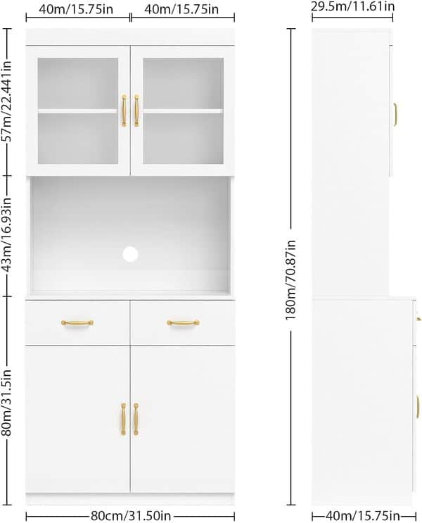 VOWNER Buffet Cuisine, Vaisselier, Armoire Cuisine, 2 Étagères Réglables, 2 Tiroirs, 80L x 40W x 180Hcm, MDF (Blanc)