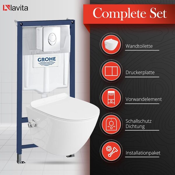 LAVITA Solido Start + WC suspendu mural Salto blanc sans bord + siรจge de WC avec systรจme d'abaissement automatique Bouton chromรฉ Kit complet encastrรฉ WC complet