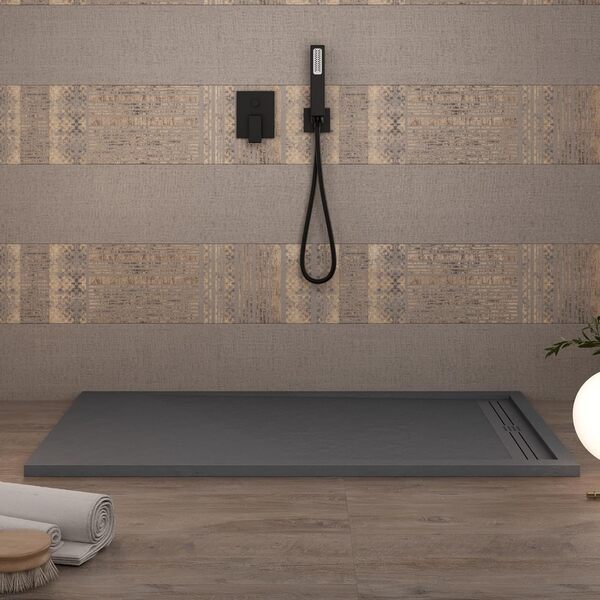 OLIMPO DOCCE Receveur de Douche modรจle Grid- Texture Pierre et antidรฉrapante - avec Grille en Acier et Siphon - Gris Foncรจ - 90 x 200