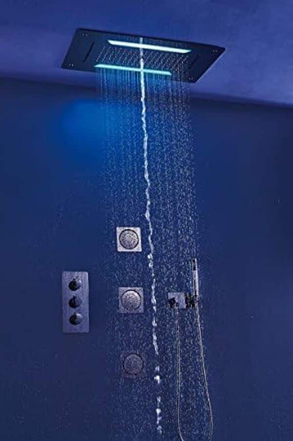 BERNSTEIN - Tête de Douche Encastrée LED Pommeau Plafond XXL 70x38cm Ultra Plat Acier Inoxydable Gris, Buses Anti-Calcaire, Effet Pluie/Cascade + Télécommande - DPG5030