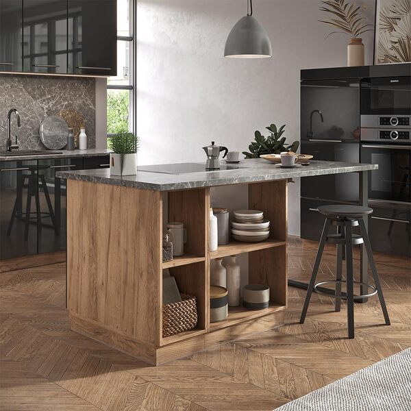 Vicco Îlot de Cuisine Fame-Line, Anthracite Brillant/Chêne doré, 90 cm avec tiroir, sans Plan de Travail