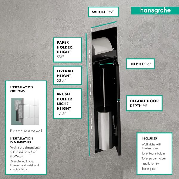 hansgrohe XtraStoris Rock Porte-Brosse WC avec Porte-Papier, encastré, Porte carrelable, 145x140x595mm, 56062, Coloris: Blanc Mat