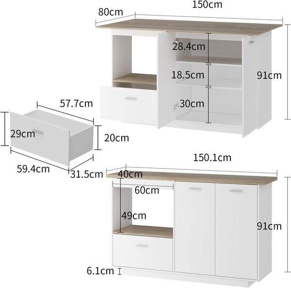 Caldion Îlot de Cuisine,Meuble de Cuisine avec Plan de Travail,Buffet avec tiroirs,Armoire de Cuisine,cloisons réglables - Bois/Blanc,150x40x93 cm