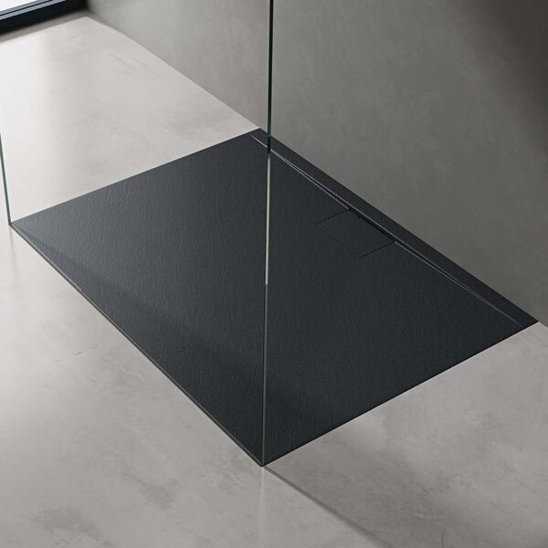 doporro Receveur de Douche 100x160x3 cm Bac ร Douche Ultra Plat en Solid Surface Gris Noir Mat Geoma07 avec Bonde AL06