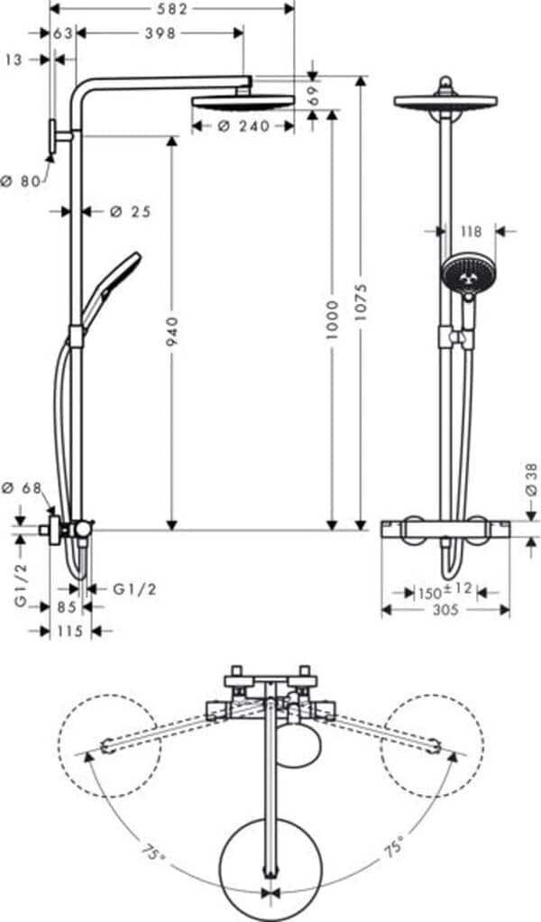 hansgrohe Raindance Select S Colonne de douche 240 2 jet avec mitigeur thermostatique, chromé, 27129000